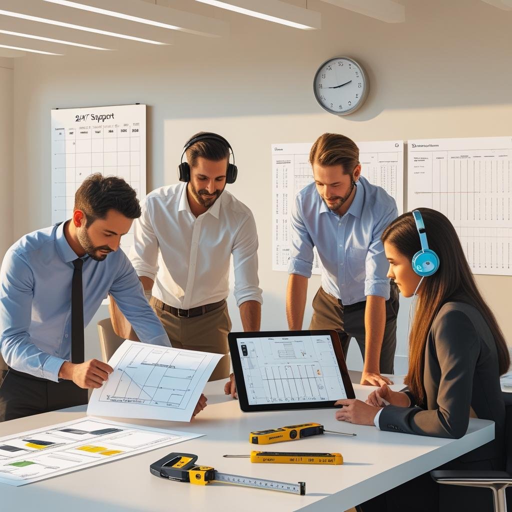 Buildify Estimating, Construction estimators collaborating with digital blueprints and measuring tools in a modern office.