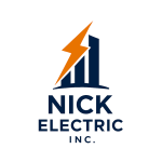 Nick Electric Inc. Official Logo Nick Electric Inc. logo featuring a bold orange lightning bolt and navy blue building silhouette.
